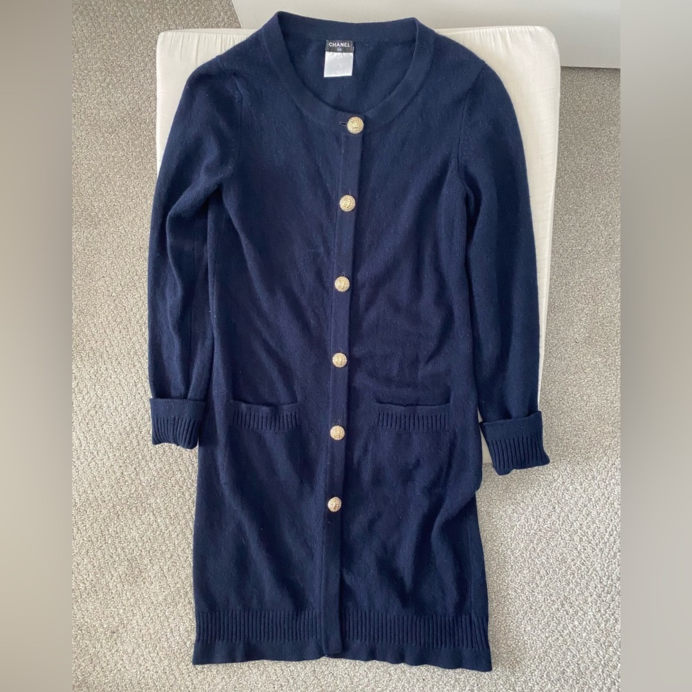 Authentic Chanel cashmere Blue Cardigan CC buttons sweater jacket coat